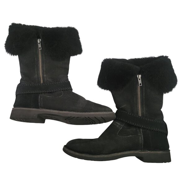 UGG Black Suede Mid-Calf Winter Boots With Faux Fur Trim & Side Zipper Womens 8. - Picture 1 of 8